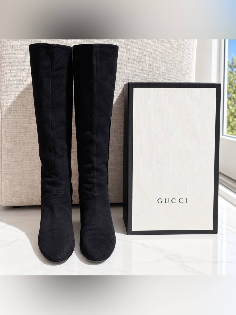 Gucci Black Suede Interlocking GG Knee-High Wedge Boots size 8.5 - Picture 5 of 8